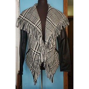 Guess Women's Wool Blend Faux Leather Arms Fringe Trim Plaid MOTO‎ Jacket Sz M